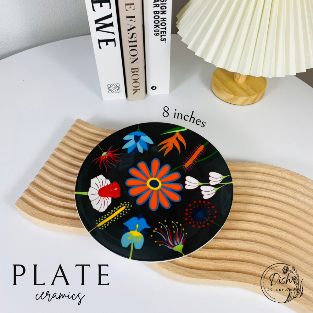 Black Blooming flower -plate จาน จานลายดอกไม้สีดำ เซรามิค ขนาด8นิ้ว