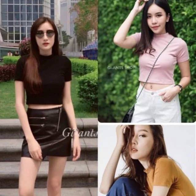 เสื้อครอปคอเต่าแขนสั้น เอวลอย (ผ้าคอตตอน) เสื้อครอปคอเต่า แขนสั่น สีพื้น