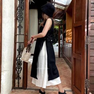 (สินค้าพร้อมส่ง) เดรสแขนกุดผูกเชือกด้านข้าง เดรสผ้าฝ้ายลินิน ทรงเกาหลี minimal dress (V03,V03P)