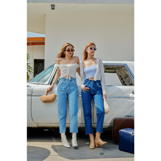 Sis story กางเกงยีนส์ ขายาว เอวสูง กระบอกเล็ก ขอบเอวรุ่ย Sis 536 California straight jeans with raw waist- Blue/Dark blu