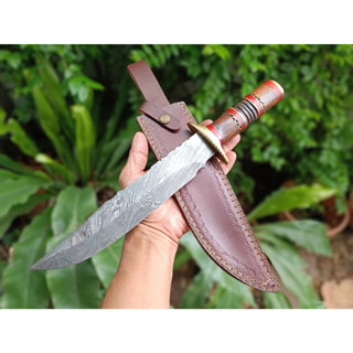 มีดโบวี่ มีดดามัสกัส Damascus Bowie มีดเดินป่า มีดแคมป์ ใบ 9.6” ดามัสกัสแท้ ด้ามไม้วอลนัท การ์ด-ปิดท้ายทองเหลือง ซองหนัง