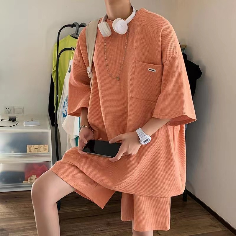 [ชุดเซ็ตสองชิ้นแขนสั้น+กางเกงขาสั้น] เสื้อยืดแขนสั้นลายวาฟเฟิลทรงหลวมสบายๆ กางเกงห้าส่วน สูท เทรนด์เกาหลี ราคา ถูกที่สุด ดีลบีเคเค แกลเลอรีภาพที่ 3