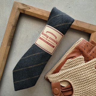 Necktie Dark Navy Herringbone with Brown Stripe เนคไทสีน้ำเงินเข้มลายทาง ลายผ้าก้างปลา