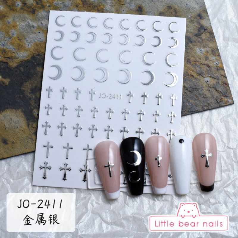 สติ๊กเกอร์ติดเล็บ สติ๊กเกอร์ สติ๊กเกอร์ตกแต่งเล็บ สีเงิน ลาย ดาว พระจันทร์ หัวใจ ไม้กางเขน - รูปที่ 2