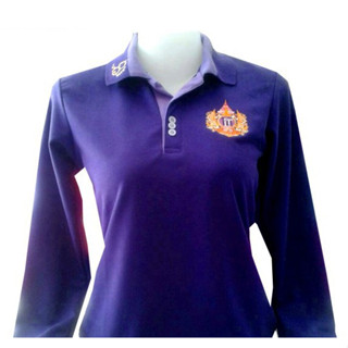 i050(L) เสื้อโปโลสีม่วงเข้ม ปักตราสัญลักษณ์สมเด็จพระเทพฯ ทูโทน แขนยาว