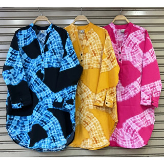 S.44-46 Pitzy Dress เดรสสาวอวบ เสื้อสาวอวบ เดรสเชิ้ตแขนยาว เสื้อตัวยาว ผ้าไหมอิตาลี พิมพ์ลายมัดย้อม อก 44-46 นิ้ว
