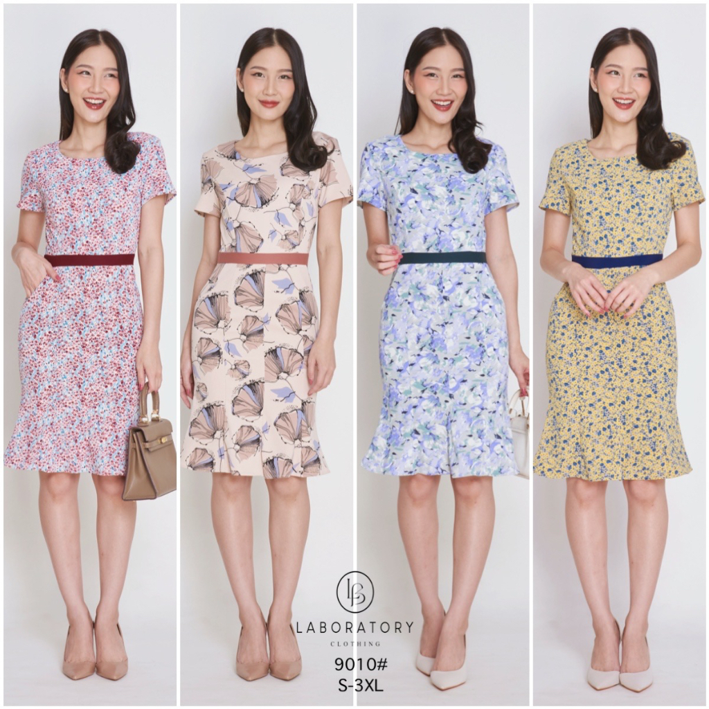 On sale เดรสพิมพ์ลาย 9010# ผ้าลายอัดผ้ากาว กระโปรง8ส่วน