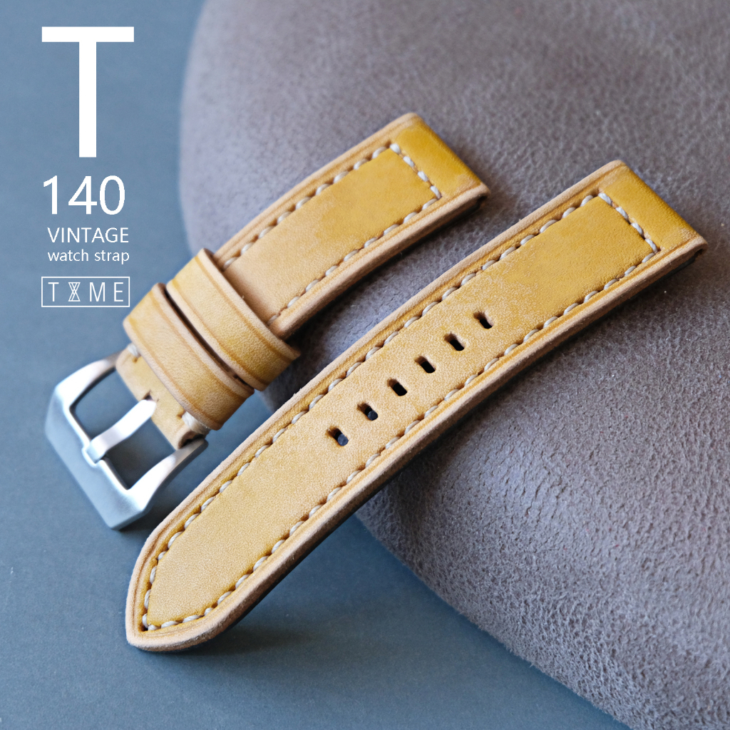 สายนาฬิกาหนังวัวญี่ปุ่น Handmade รุ่น T-140 สายนาฬิกาแนววินเทจ สีเหลือง มีเฟดมาในตัวขนาด 18mm 20mm 2