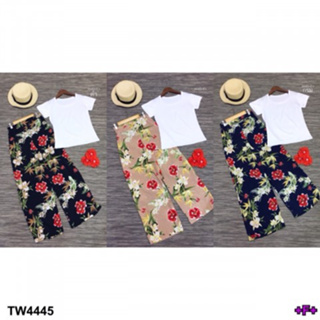 CS4445 Set 2 ชิ้น เสื้อยืดคอกลมสีพื้น + กางเกงขายาวลายดอก Set of 2 pieces. Solid color round-neck t-shirt + floral pants