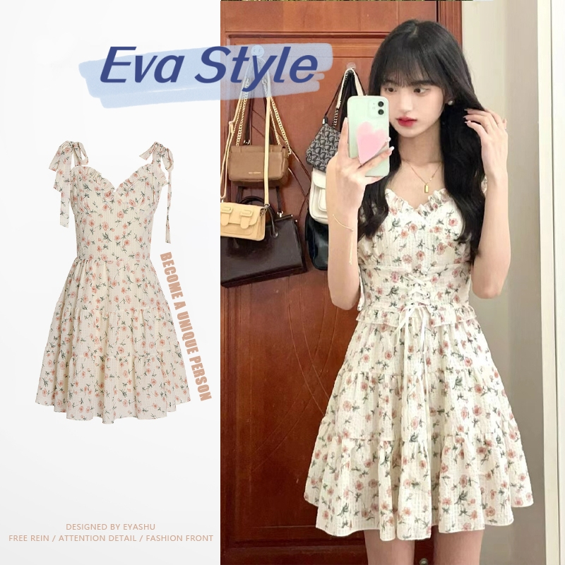 Eva Style เดรสลายดอกไม้ แต่งลูกไม้ แฟชั่นฤดูร้อน ชุดเดรส หวาน น่ารัก ต้องมีสำหรับการออกเดท