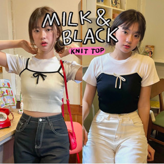 [พร้อมส่ง] Mooonbeam.co - Milk &amp; Black knit top (ไม่รวมเสื้อ) - สายเดี่ยว เสื้อกล้าม ไหมพรม ดีเทลโบวืด้านหน้า เกาหลีมากก