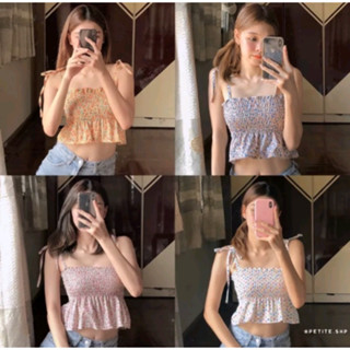 เสื้อสายเดี่ยวผูกโบว์ไหล่ สม็อคตัว ลายดอกไม้ ขนาด อก 32-38 นิ้ว ยาว 15 นิ้ว