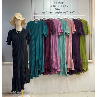 Maxidress twizpleat ชุดพลีทผ้าทวิส แพทเทิร์นคอกลมชายระบาย เดรสออกงาน สาวอวบ ชุดงานแต่งงานหมั้น แฟชั่นสาวอวบ ชุดงานบุญ