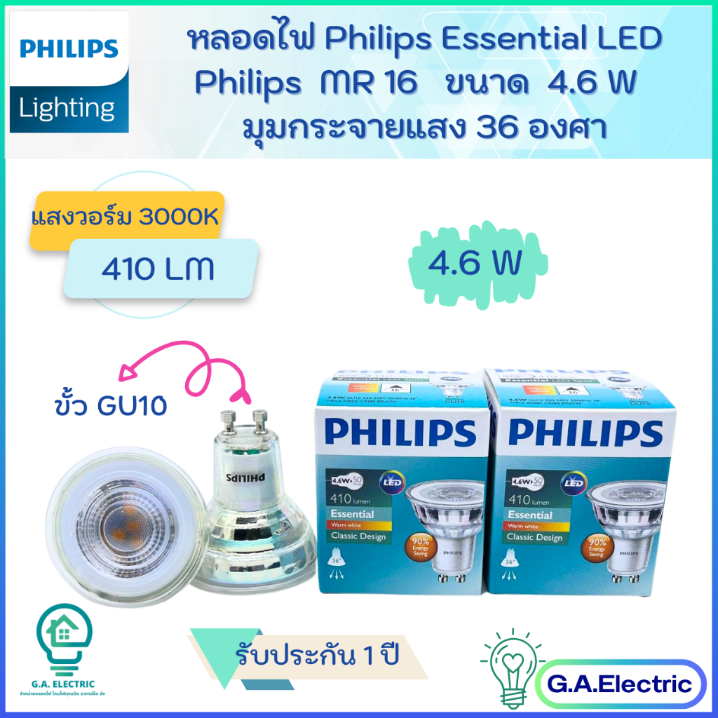 (NEWรุ่นใหม่) หลอดไฟฟิลลิปส์  philips GU10 mr16  หลอดไฟ GU10  ขนาด 4.6 W LED PHILIPS  รุ่น Essential