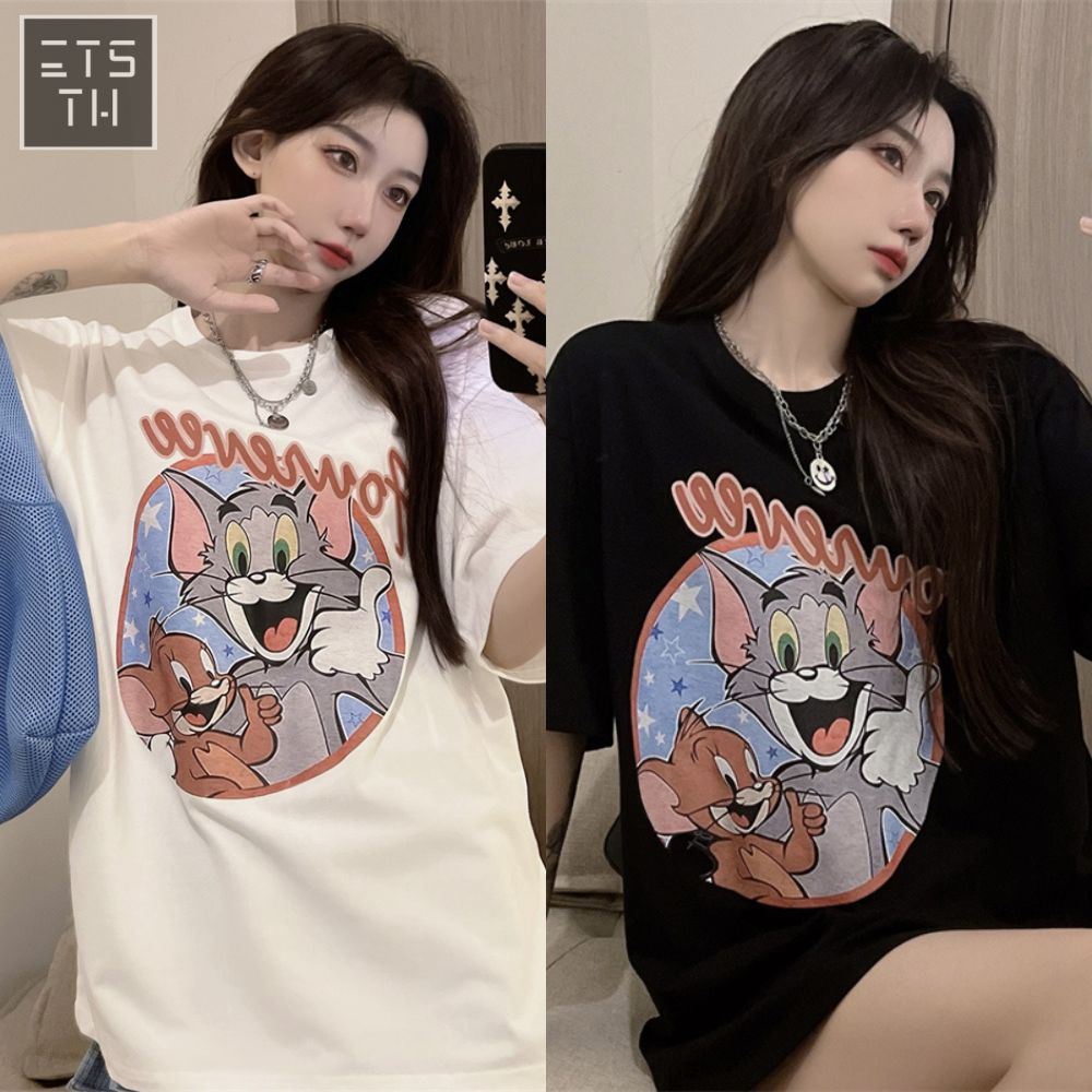 🖤ETS Fashion เสื้อยืดแขนสั้นพิมพ์ลายTom & Jerry ทรงหลวม/ผ้าคอตตอน100%