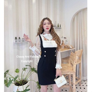 Classy:Dress คอปกปักดอกไม้ช่วงปกและอก(*เช็คสต๊อกก่อนกดสั่ง)