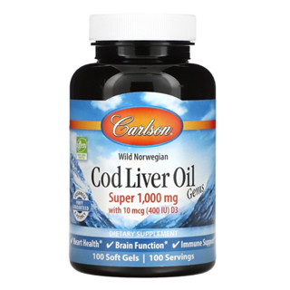 [พร้อมส่ง]🇺🇸น้ำมันตับปลา, Cod Liver Oil, Carlson Labs, Wild Norwegian, Cod Liver Oil Gems (1,000 mg) x 100 ซอฟเจล