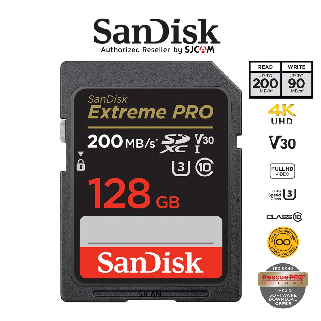 SanDisk Extreme Pro SD Card SDXC 128GB (SDSDXXD-128G-GN4IN_1) ความเร็วอ่าน 200MB/s เขียน 90MB/s เมมโมรี่การ์ด SDCARD แซนดิส รับประกัน Synnex lifetime