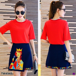 CS4948 Set เสื้อยืด+กระโปรงป้ายหน้าปักลายไพ่ แฟชั่นเกาหลี Set T-shirt + skirt with embroidered card pattern, Korean fash