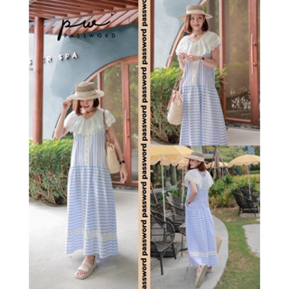 🌈🌿🌺🌼🌸💙🇰🇷Stripe Lace Collar Maxi Dress