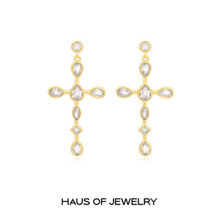 Haus of Jewelry - LUV AJ BEZEL STONE CROSS STUDS ต่างหูกางเขนใหญ่ ประดับเพชรคิวบิกเซอร์โคเนีย (Cubic Zirconia)