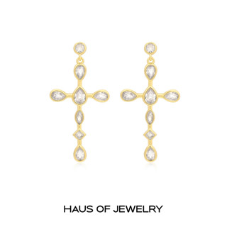 Haus of Jewelry - LUV AJ BEZEL STONE CROSS STUDS ต่างหูกางเขนใหญ่ ประดับเพชรคิวบิกเซอร์โคเนีย (Cubic Zirconia)