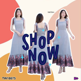 TwinsShopVip💗พร้อมส่ง TW18675 Maxi dress ผูกไหล่สไตล์โบฮีเมียน ..