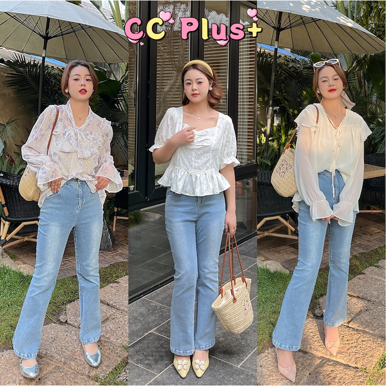 CiCi Plus+(938)CC plus size กางเกงยีนส์ขายาว สีอ่อน ทรงขาม้า ใส่แล้วดูดีมีสไตล์