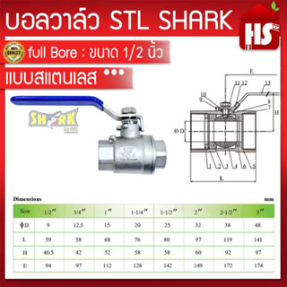 บอลวาล์ว(สแตนเลสแท้ 100%) บอลวาว-รูน้ำเต็ม (FullBore) ขนาด 1/2  B1 01 (SHARK) (แบบ2ชิ้น)