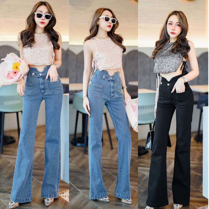 พร้อมส่ง [ BU-8073 ] กางเกงยีนส์เอวสูงขาม้าเล็ก