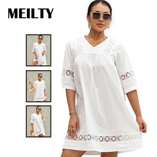 ผู้หญิงฤดูร้อนมินิกระโปรงโบฮีเมียนครึ่งแขนวีสีทึบ Flowy Tunic แต่งตัว