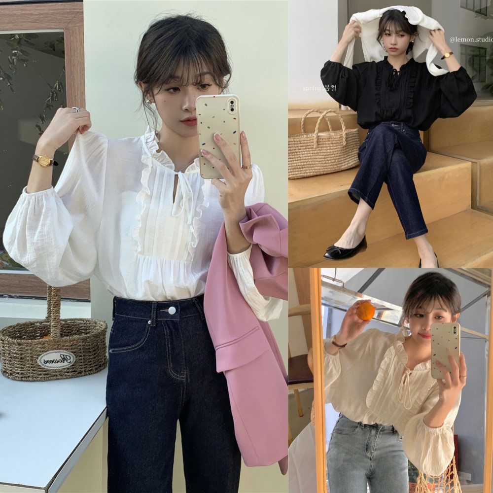 MUB2947 พร้อมส่ง เสื้อเชิ้ตย้อนยุคน่ารักๆ แต่งคอปกเวอร์ชั่นเกาหลีนักเรียน เสื้อเชิ้ตแขนยาวผู้หญิง สีขาว free size