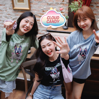 Cloudcandy เสื้อครอป เอวลอย CROP Oversize แขนสั้น คอกลม ผ้าคอตตอน สกรีนลาย Bulldog  🐶