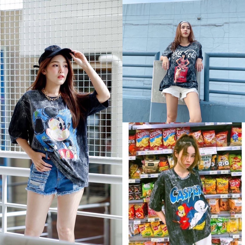 hmwe shop🍊เสื้อยีด ผ้าฟ้อกโอเว่อร์ไซด์เสื้อยืด Oversize พิมลาย หลากหลาย สกรีนสวยทุกรุ่น งานUnisex ใส่ได้ทั้งหญิง-ชาย
