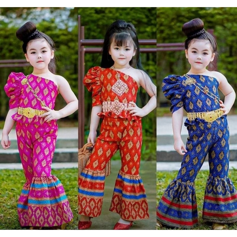 ชุดไทยลูกสาวเสื้อปาดไหล่+กางเกงขาบาน