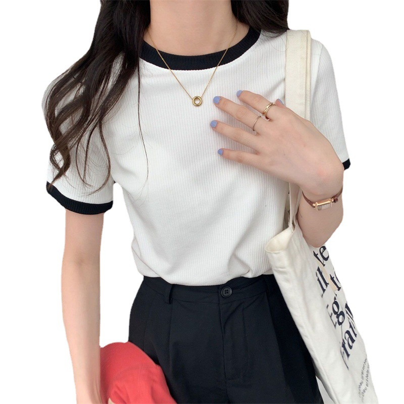 พร้อมส่ง เสื้อคอกลมสีตัดขอบ ทอร่องเล็ก เสื้อแขนสั้น เสื้อยืดผสมสแปนเด็กซ์ เนื้อผ้านิ่ม พริ้วๆ ใส่สบาย