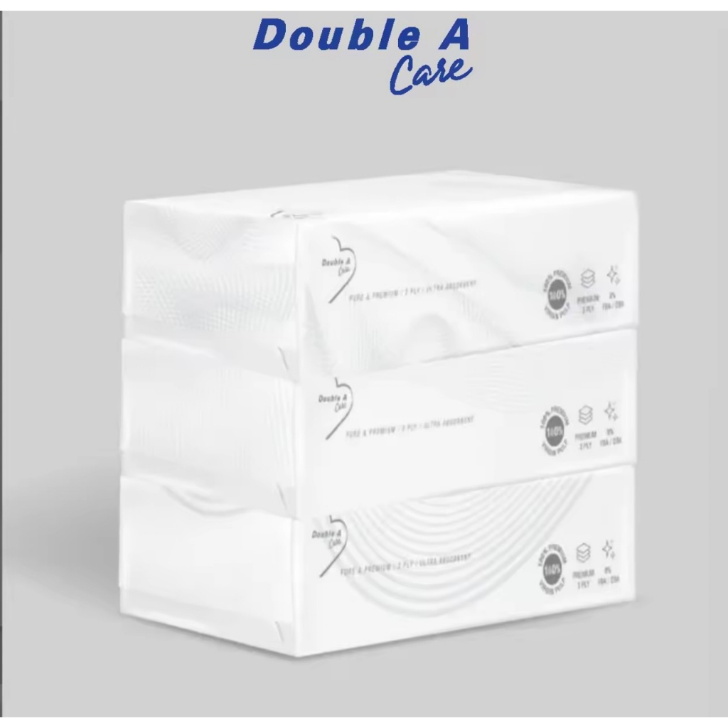 [แพ็ก 3 กล่อง] Double A Care เพียว & พรีเมียมทิชชู หนา 3 ชั้น แบบกล่อง 90 แผ่น/กล่อง (แพ็ก 3 กล่อง)