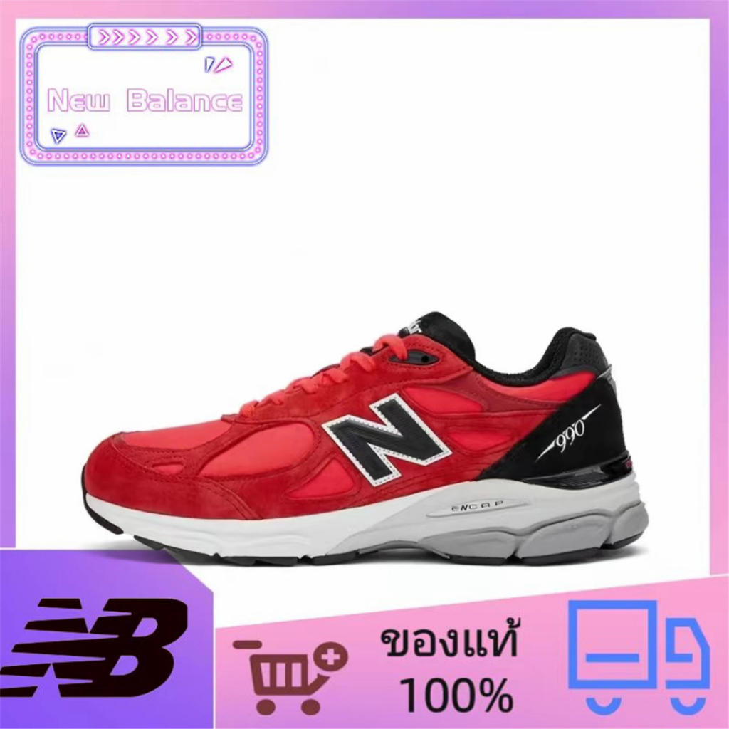 ของแท้ 100% New Balance NB 990 V3 รองเท้าวิ่งลำลองผู้ชายที่ดูดซับแรงกระแทกสีแดง