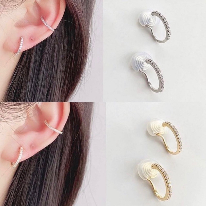 ต่างหูหนีบ ไม่ต้องเจาะหู สามารถใส่ได้ทั้งตรงติ่งหู และปีกหู แป้นขดลวด ต่างหูประดับเพชร  ดูหรูมาก มี  2 สี สีเงิน สีทอง