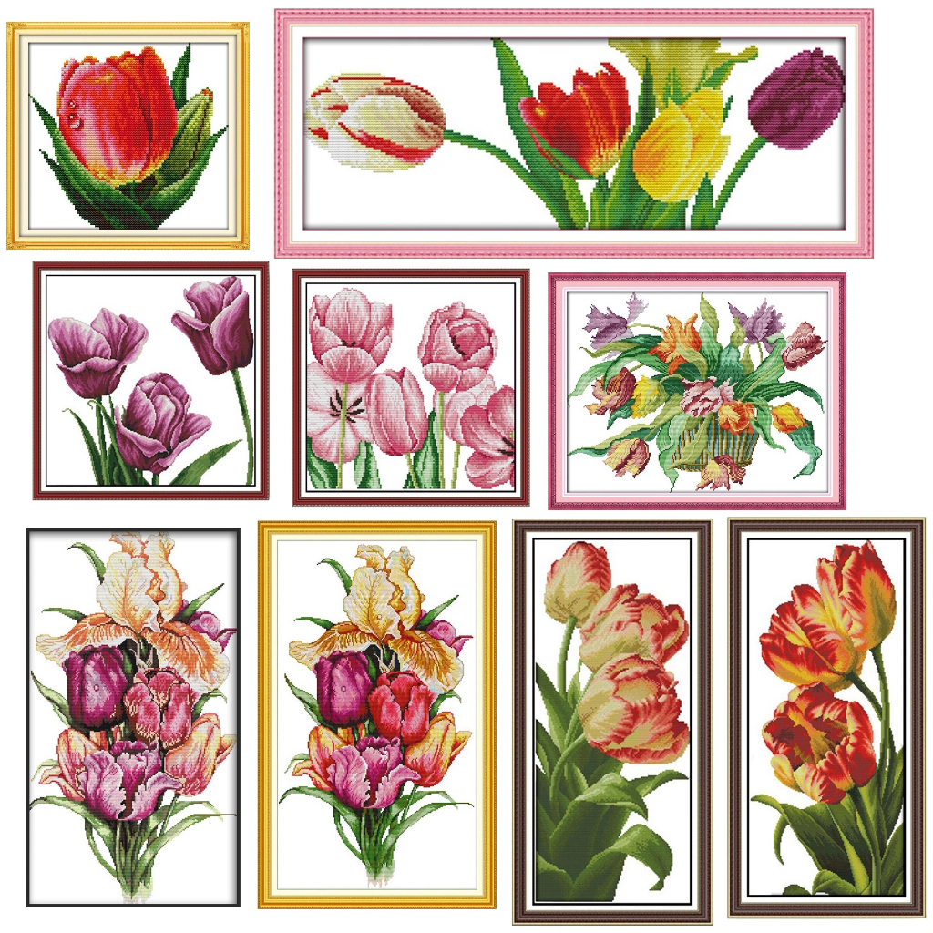 ครอสติชพิมพ์ลาย ดอกไม้ ทิวลิป แจกันดอกไม้ (Tulip flower vase Cross stitch kit)