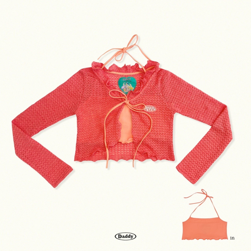 DADDYCLEARANCE | Enid Top set เสื้อคลุมตาข่าย พร้อมเสื้อคล้องคอ สีส้มพีช