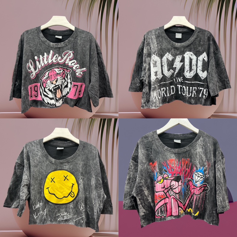 HMWE _SHOP เสื้อครป ผ้าฟ้อกแขนสั้น คอกลม งานคอป้าย Freesize อก-44-ยาว16