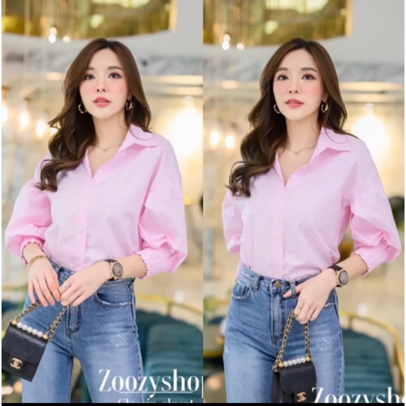 เสื้อเชิ้ตแขนจั้มสม้อคสีชมพู