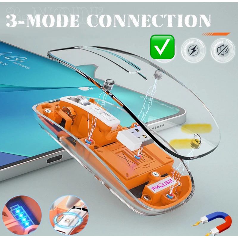 เมาส์ไร้เสียง Bluetooth 2in1ไร้สายแบบชาร์จไฟได้รองรัสามโหมดแบบใสระบบแม่เหล็กWireless เมาส์ไร้เสียงสำหรับเกมส์ PC ออฟฟิศ
