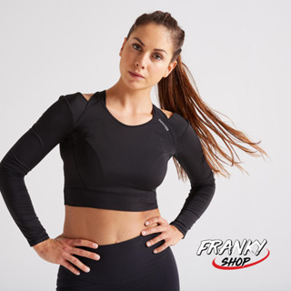 เสื้อครอปแขนยาวสำหรับใส่ออกกำลังกาย เสื้อยืดฟิตเนส Long-Sleeved Cropped Fitness Cardio T-Shirt