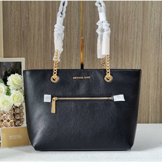 💚แท้💯 พร้อมส่ง💚MK Michael Kors  35F2GTTT2 Jet Set Medium Front Pocket Chain Top Zip Tote Black Pebbled Leather