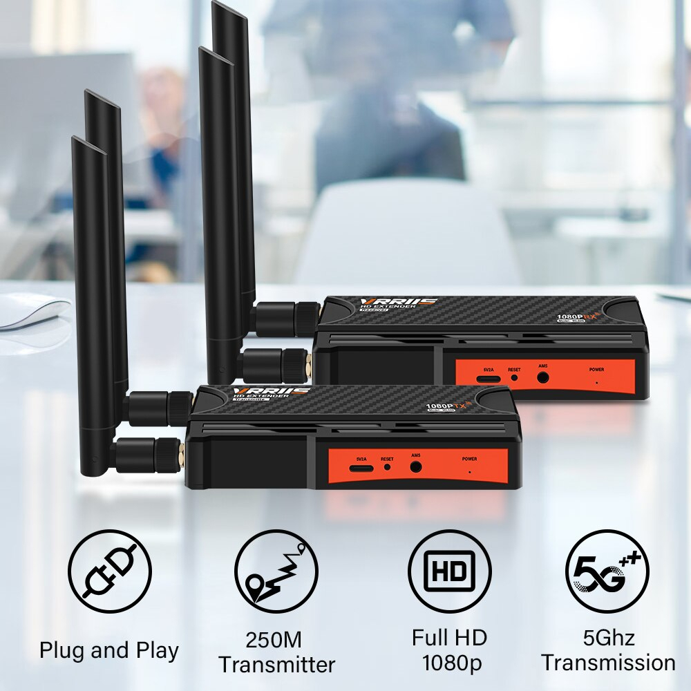 VRRiiS WL009 อะแดปเตอร์รับส่งสัญญาณวิดีโอ HDMI ไร้สาย ระยะไกล สูงสุด200ม. ส่งจาก1 เพิ่มตัวรับได้สูงสุด 4จุด