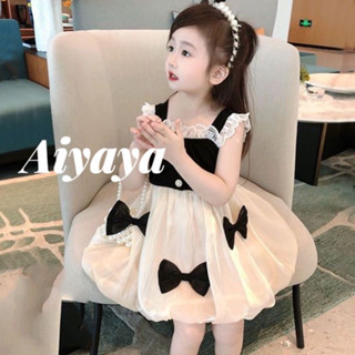 Aiyaya ชุดเดรสเด็กผู้หญิง ชุดเด็กเกาหลี  กระโปรงผีเสื้อสีดำ （619）