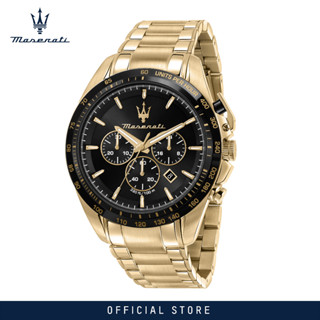 [2 Years Warranty] Maserati Traguardo 45mm Black Dial Gold Stainless Steel Strap Mens Chronograph Quartz Watch R8873612041