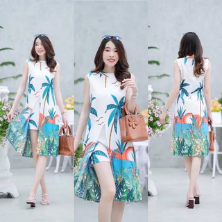 (มี2 ไซส์)เสื้อคอปีนแขนกุดลายต้นมะพร้าว แหวกด้านหน้า + กางเกงขาสั้น